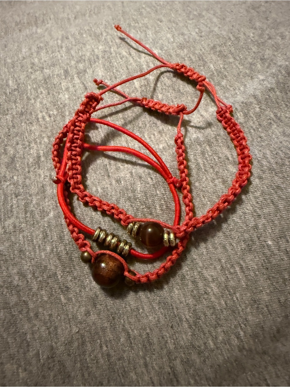 Red Macrame Bracelet Set with Wooden Beads